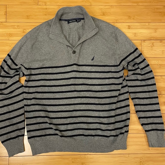 Nautica classic gray and blue striped sweater. Size XL, 92% cotton, 8% cashmere. - Picture 1 of 7